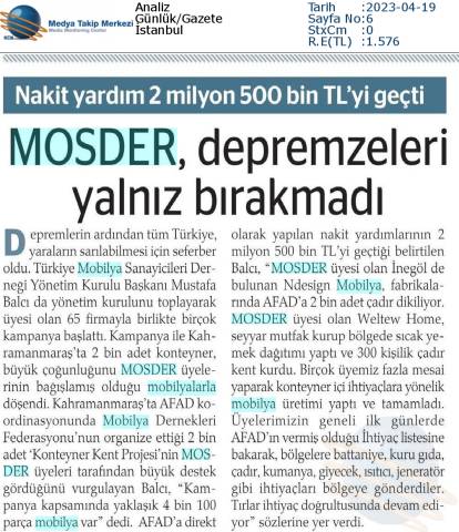 MOSDER Depremzedeleri Yalnız Bırakmıyor 